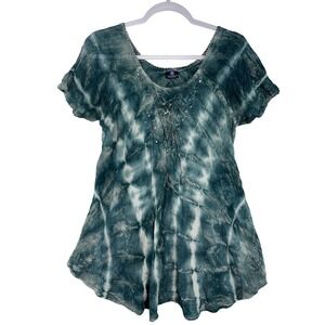 Advance Plus Size Teal Tie Dye Tunic Top Lace Up Sequin Boho Sharkbite Hem L/XL